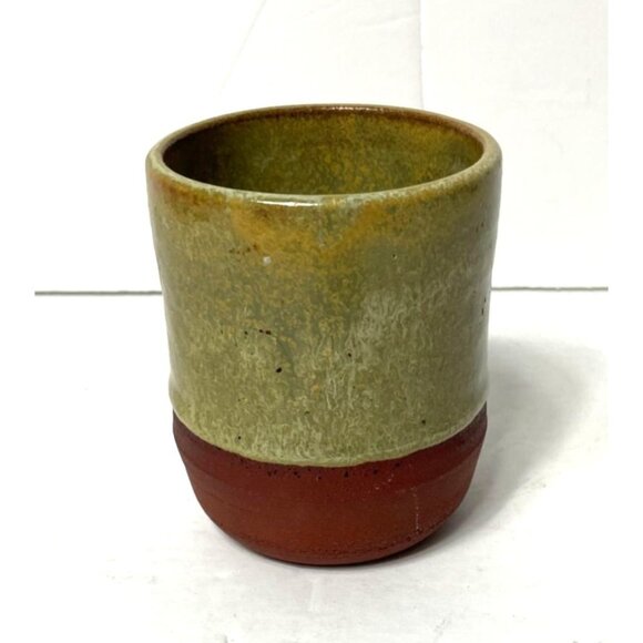 Handmade Japanese Stoneware Cup Two-Toned Terracotta Base Sage Green Glazed - Picture 1 of 8